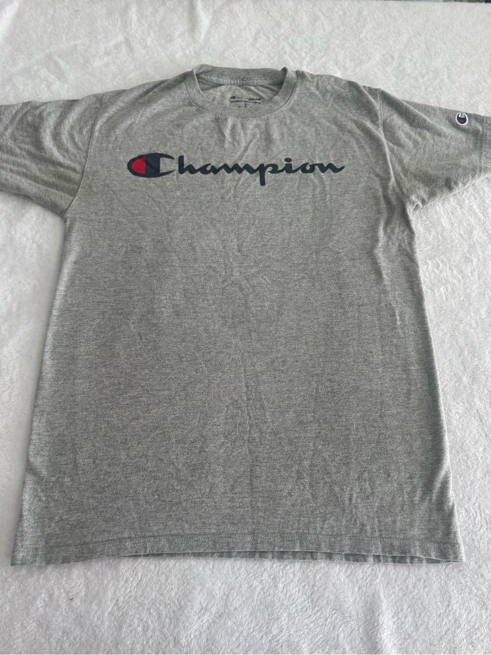 Champion Gray Short Sleeve Tee with Navy Script and Red Emblem